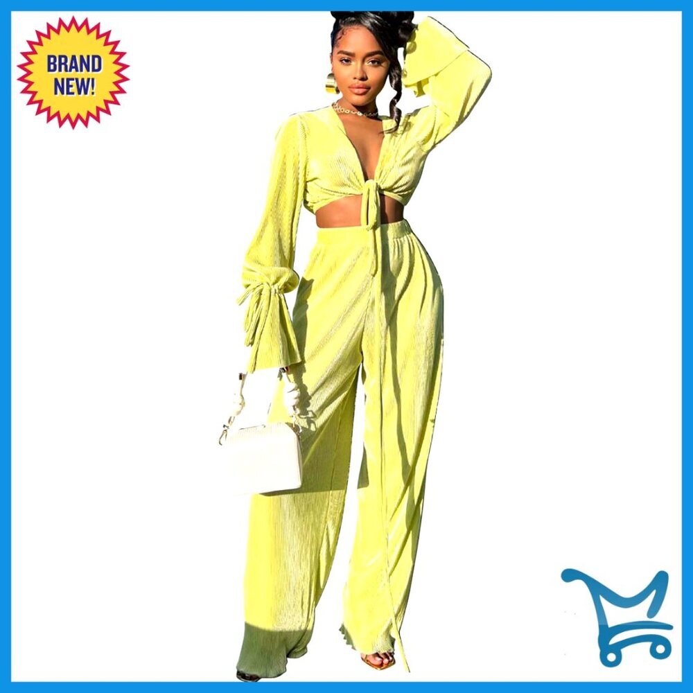 Y2K Linen Two Piece Set Long Sleeve V Neck Top Flare Wide Leg Pants
